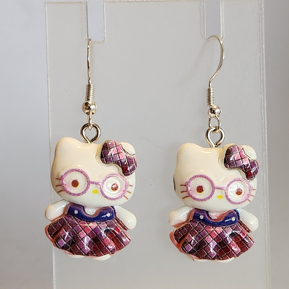 Hello Kitty Style Nerd Kitten Plaid‎ Dress Glasses Drop Earrings Pink Purple
